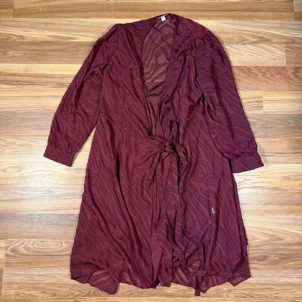 Bar III Burgundy Burnout Wrap Dress XXL Long Sleeve Sheer Zebra Swirl Maroon